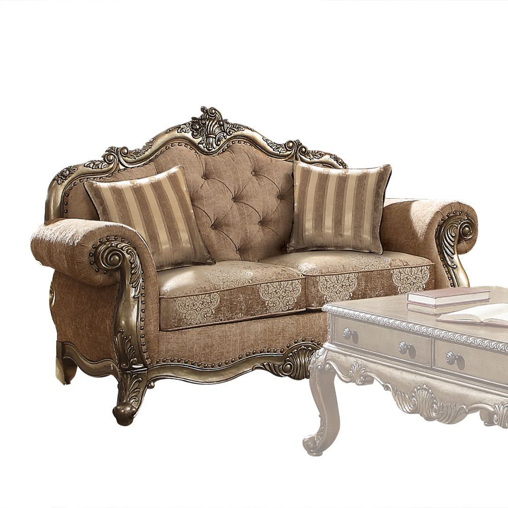 Acme 56030-31 2 pc Rosdorf park lorentz ragenardus vintage gold finish wood brown fabric tufted sofa and love seat set