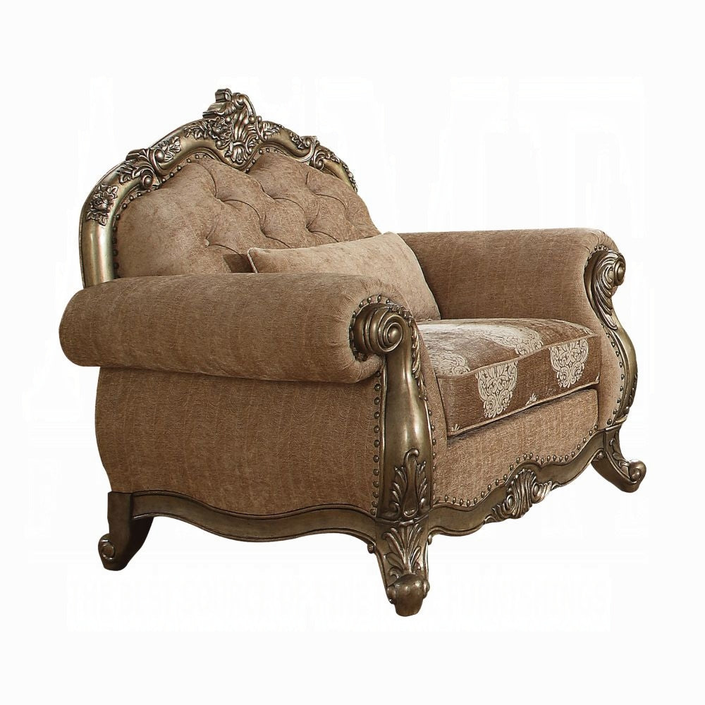 Acme 56030-31 2 pc Rosdorf park lorentz ragenardus vintage gold finish wood brown fabric tufted sofa and love seat set