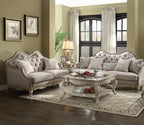 Acme 56050-51 2 pc One allium way taglieri chelmsford antique taupe finish wood beige fabric sofa and love seat set