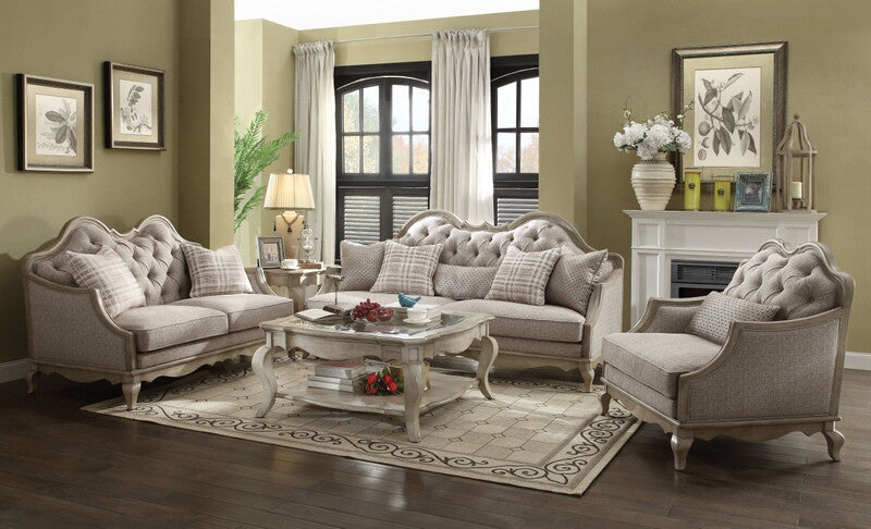 Acme 56050-51 2 pc One allium way taglieri chelmsford antique taupe finish wood beige fabric sofa and love seat set