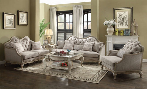 Acme 56050-51 2 pc One allium way taglieri chelmsford antique taupe finish wood beige fabric sofa and love seat set