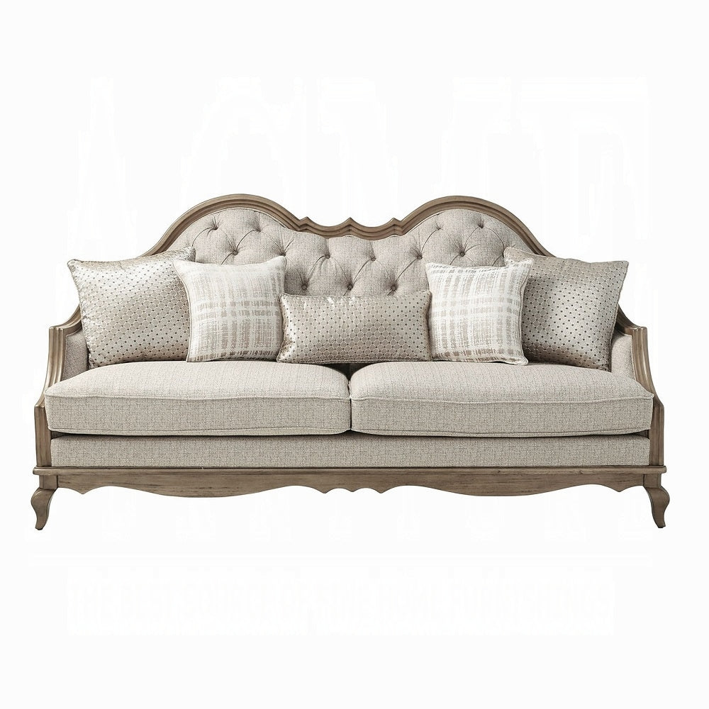 Acme 56050-51 2 pc One allium way taglieri chelmsford antique taupe finish wood beige fabric sofa and love seat set