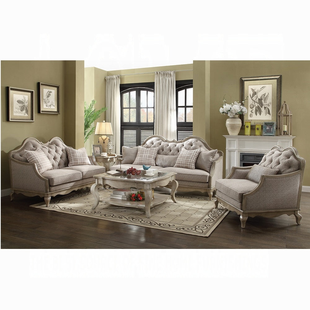 Acme 56050-51 2 pc One allium way taglieri chelmsford antique taupe finish wood beige fabric sofa and love seat set