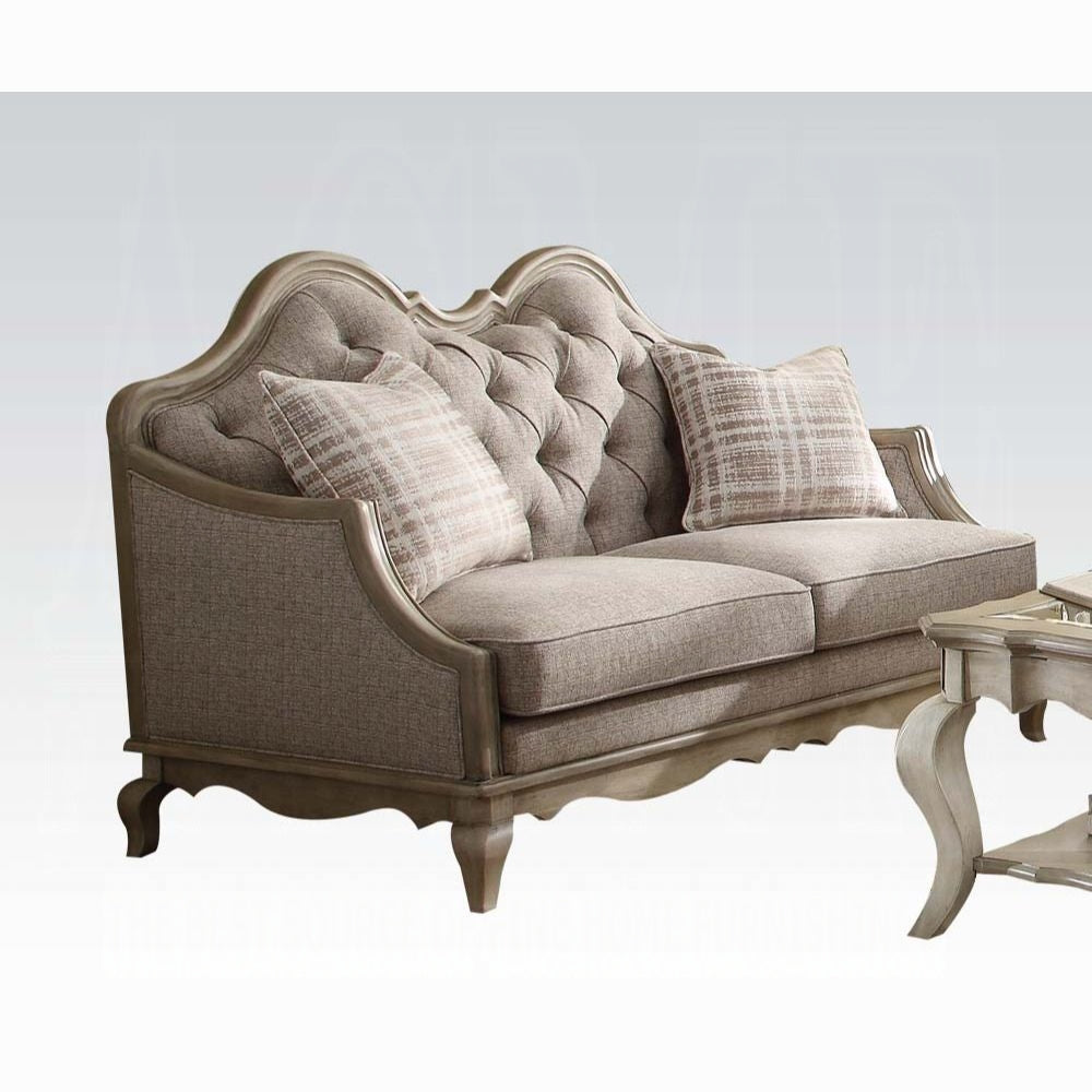 Acme 56050-51 2 pc One allium way taglieri chelmsford antique taupe finish wood beige fabric sofa and love seat set