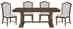 5615-96-7PC 7 pc Rexford cherry finish wood trestle base dining table set fabric seat and backs