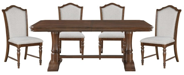 5615-96-7PC 7 pc Rexford cherry finish wood trestle base dining table set fabric seat and backs