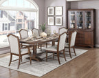 5615-96-7PC 7 pc Rexford cherry finish wood trestle base dining table set fabric seat and backs