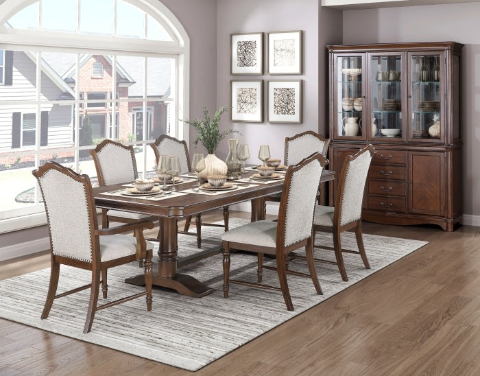 5615-96-7PC 7 pc Rexford cherry finish wood trestle base dining table set fabric seat and backs