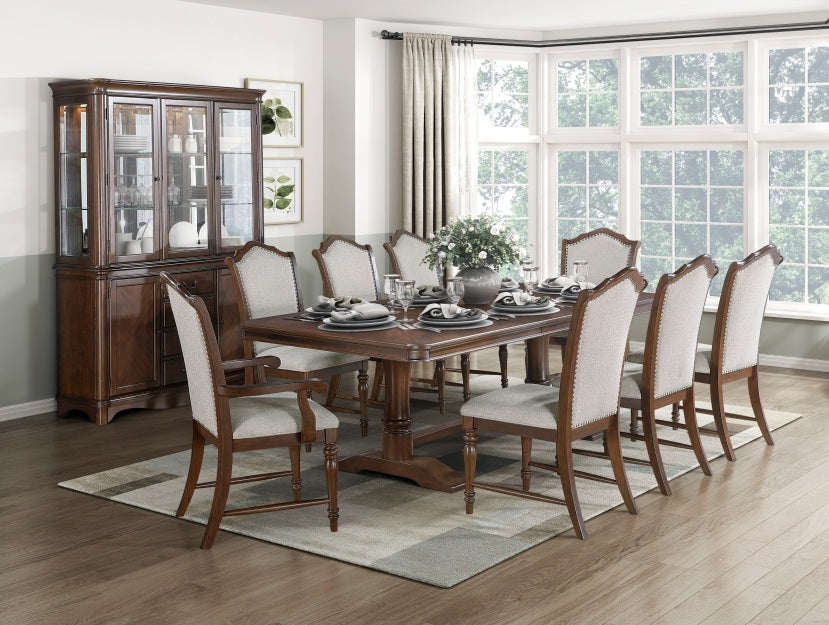 5615-96-7PC 7 pc Rexford cherry finish wood trestle base dining table set fabric seat and backs