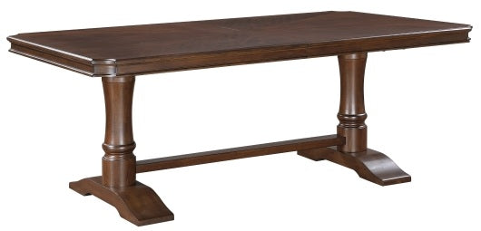5615-96-7PC 7 pc Rexford cherry finish wood trestle base dining table set fabric seat and backs