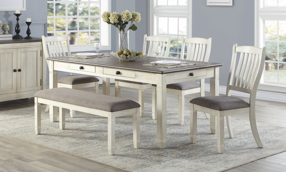 Homelegance 5627NW-72-6PC 6 pc Willow bend antique white rosy brown finish wood dining table set with bench