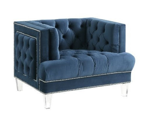 Acme 56457 Astoria Grand ansario blue tufted velvet fabric and nail head trim accent chair