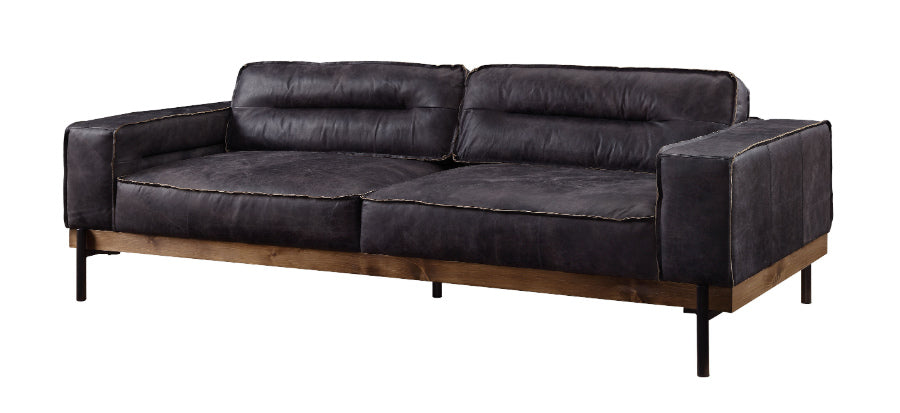 Acme 56505 17 stories diep silchester antique ebony top grain leather light oak finish wood trim mid century modern sofa