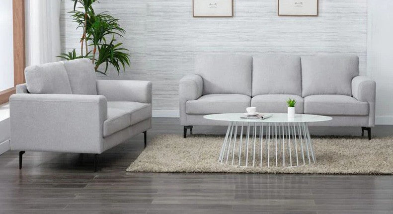 Acme 56925-26 2 pc Latitude run dulcie kyrene light gray linen fabric mid century modern sofa and love seat set