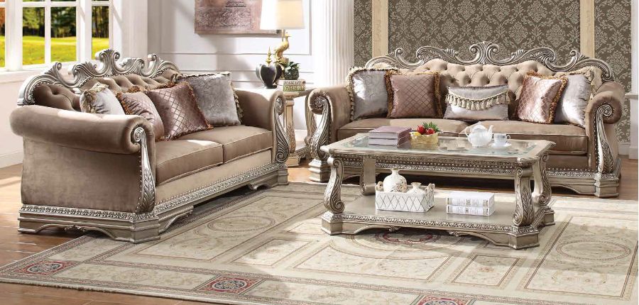 Acme 56930-31 2 pc Rosdorf park leanos northville antique silver finish wood velvet fabric sofa and love seat set
