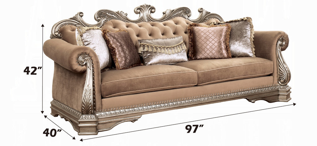 Acme 56930-31 2 pc Rosdorf park leanos northville antique silver finish wood velvet fabric sofa and love seat set