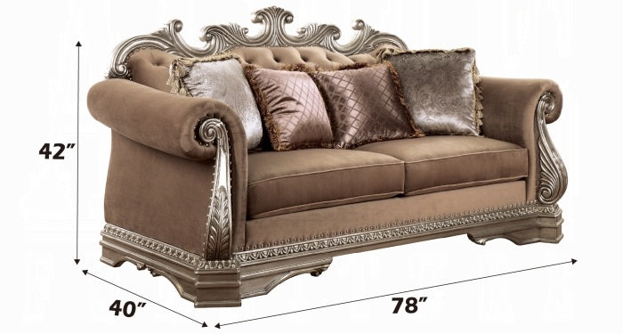 Acme 56930-31 2 pc Rosdorf park leanos northville antique silver finish wood velvet fabric sofa and love seat set