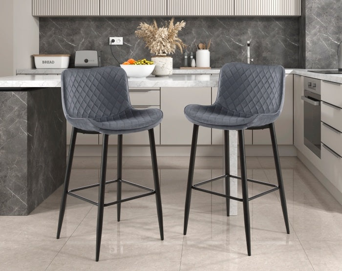 Homelegance 5695DGY-29  Set of 2 Nya black metal frame dark grey velvet diamond stitched upholstery barstools