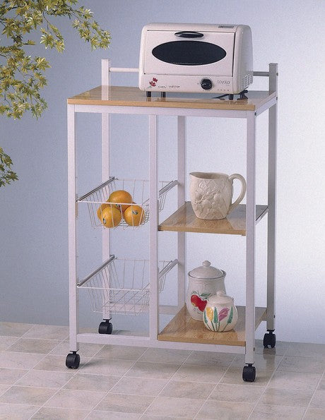 Asia Direct 570-WH Wade logan frystown white finish metal frame natural finish wood shelves with baskets microwave cart rack