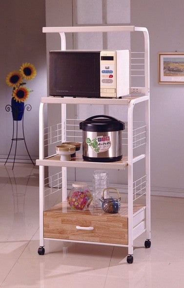 Asia Direct 571-WH Wade logan frystown white finish metal frame natural finish wood shelves with drawer microwave cart rack with casters