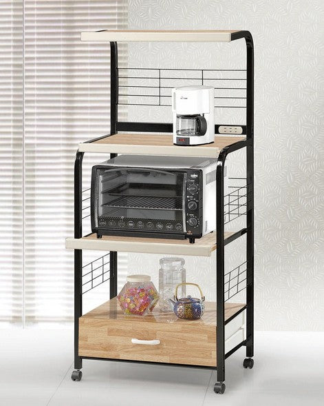 Asia Direct 571A-BK Wade logan frystown black finish metal frame natural finish wood shelves with drawer microwave cart rack with casters