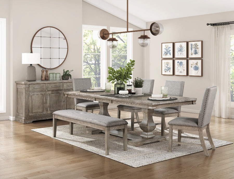 Homelegance 5741NN-94-6PC 6 pc Southlake wire brushed rustic brownish grey finish wood dining table set with bench