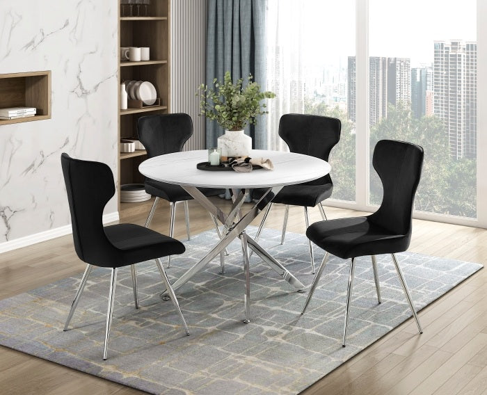 Homelegance 5802-43-5PC 5 pc Topeka white faux marble top 43" round dining table set chrome legs
