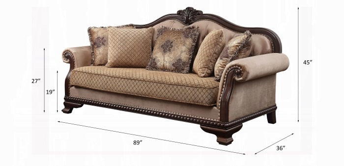 Acme 58265-66 Astoria Grand Chateau de ville tan and brown fabric espresso finish wood sofa and love seat set