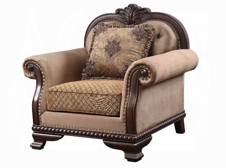Acme 58265-66 Astoria Grand Chateau de ville tan and brown fabric espresso finish wood sofa and love seat set