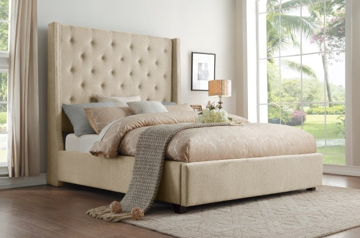 Homelegance 5877BE-1 Fairborn beige button tufted fabric wingback 67" tall headboard queen bed