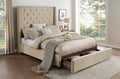 Homelegance 5877BE-1DW Fairborn beige button tufted fabric wingback 67" tall headboard queen bed footboard drawers