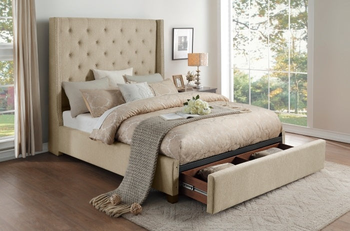 Homelegance 5877BE-1DW Fairborn beige button tufted fabric wingback 67" tall headboard queen bed footboard drawers