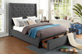 Homelegance 5877GY-1DW Fairborn grey button tufted fabric wingback 67" tall headboard queen bed footboard drawers