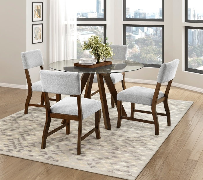 Homelegance 5898-48RD-5F1-5PC 5 pc Aiden brown finish wood 48" round glass dining table set grey chairs