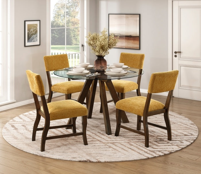 Homelegance 5898-48RD-5F2-5PC 5 pc Aiden brown finish wood 48" round glass dining table set mustard chairs