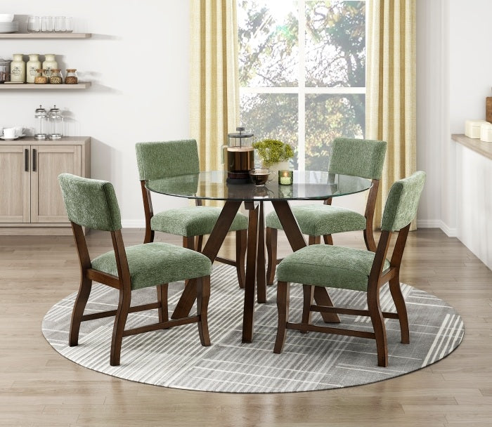 Homelegance 5898-48RD-5F3-5PC 5 pc Aiden brown finish wood 48" round glass dining table set olive chairs
