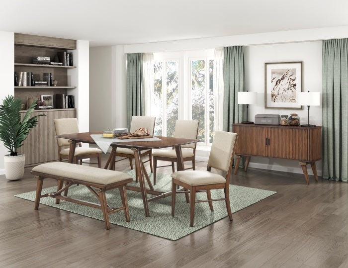 Monroe Walnut Finish Wood Trestle Base 6-Piece Dining Table Set with Fabric Seat, Backs and Bench – 5901-71-6PC