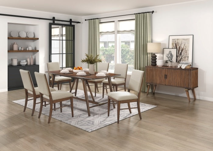 Monroe Walnut Finish Wood Trestle Base 7-Piece Dining Table Set with Fabric Seat and Backs – 5901-71-7PC