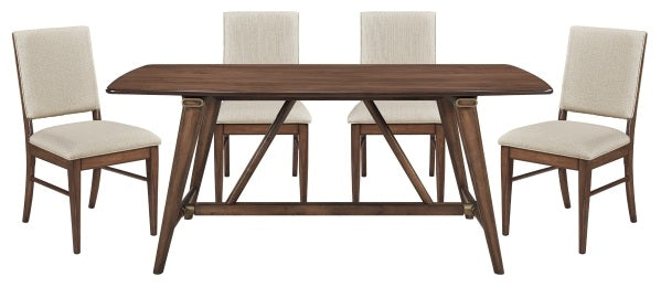 Monroe Walnut Finish Wood Trestle Base 6-Piece Dining Table Set with Fabric Seat, Backs and Bench – 5901-71-6PC