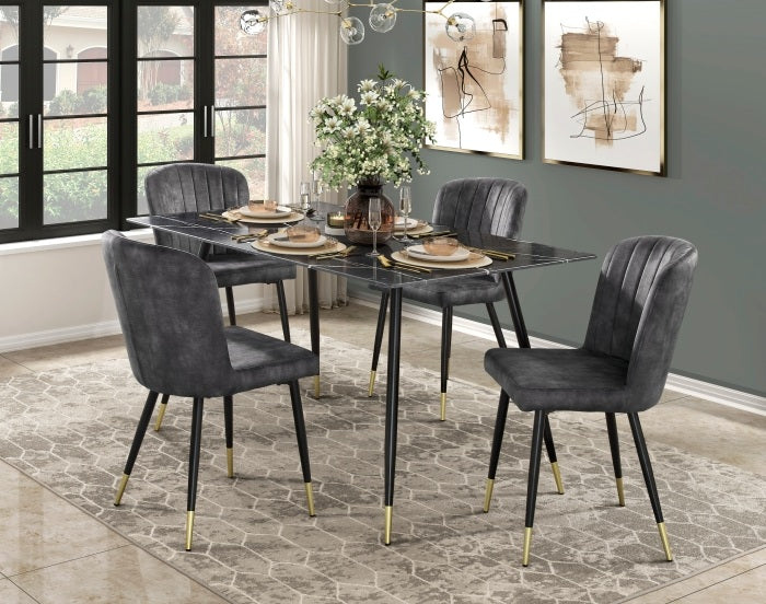 Homelegance 5921-59-5PC 5 pc Clemente black metal frame black marble print tempered glass top dining table set