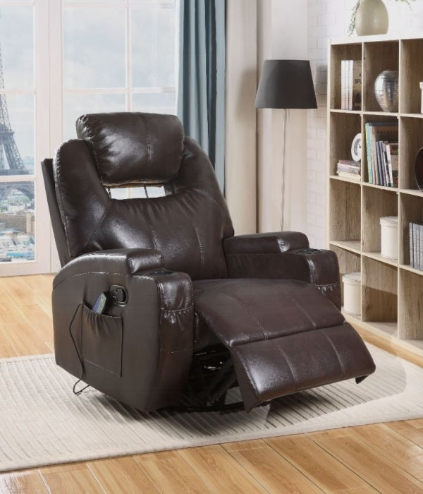 Acme 59278 Waterlily brown faux leather rocker recliner chair with massage and cup holders