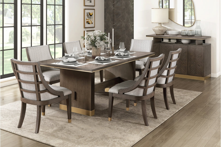 5933-96-7PC 7 pc Griffin brown finish wood dining table set fabric seating scoop style chairs