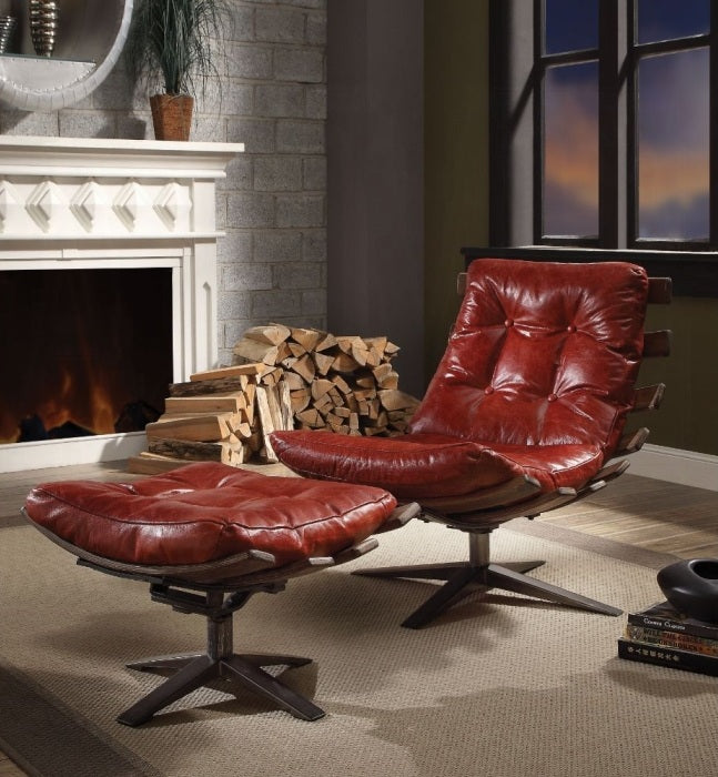 Acme 59531 Gandy antique red top grain leather down feather blend accent chair and ottoman