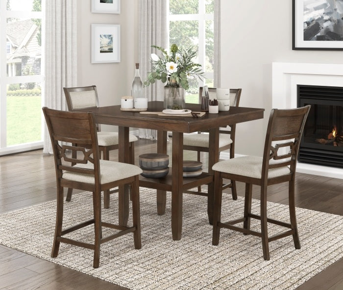 5955-36-5PC 5 pc Hutchinson dark brown finish wood square counter height dining table set fabric seats