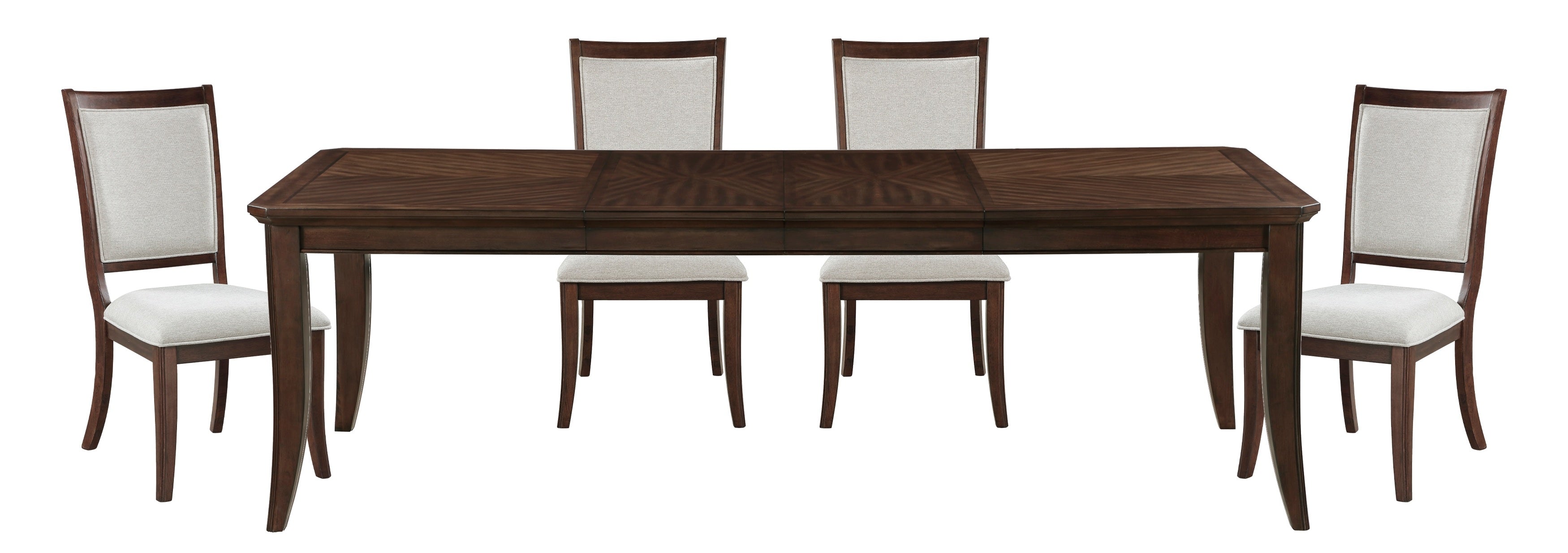 5962-7PC 7 pc Claymont cherry finish dark walnut inlay wood dining table set fabric seating