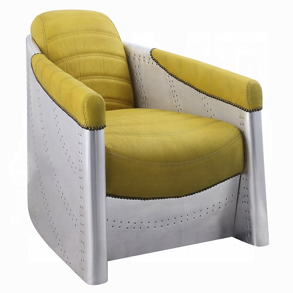 Acme 59624 Brancaster yellow top grain leather accent chair aluminum riveted design back