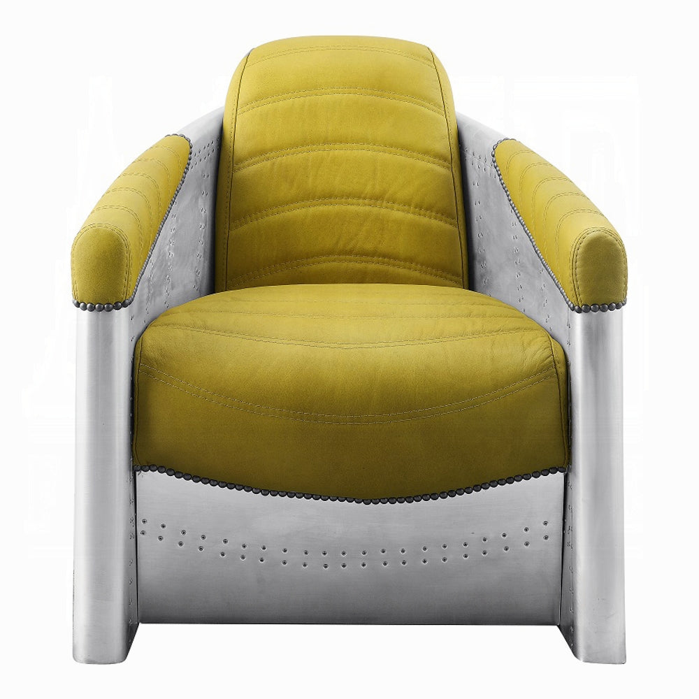 Acme 59624 Brancaster yellow top grain leather accent chair aluminum riveted design back