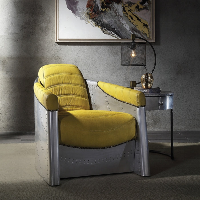Acme 59624 Brancaster yellow top grain leather accent chair aluminum riveted design back