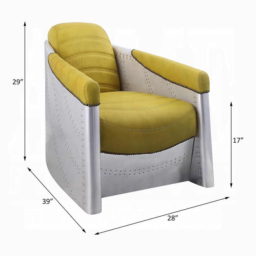 Acme 59624 Brancaster yellow top grain leather accent chair aluminum riveted design back