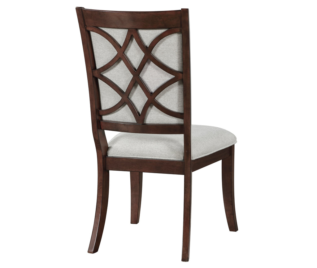 5962-7PC 7 pc Claymont cherry finish dark walnut inlay wood dining table set fabric seating